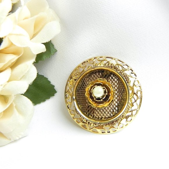 Vintage Pearl Filigree Brooch | Gold-Tone Rose Brooch or Pendant - Picture 9 of 12